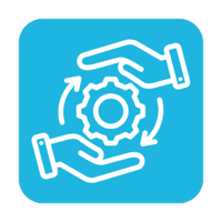 A bright blue square with rounded corners. On it is a white outline of a pair of hands holding a cog. On either side are white arrows indicating movement. A bright blue square with rounded corners. On it is a white outline of a pair of hands holding a cog. On either side are white arrows indicating movement.