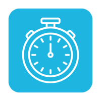 A bright blue square with rounded corners. On it is a white outline of a stopwatch. A bright blue square with rounded corners. On it is a white outline of a stopwatch.